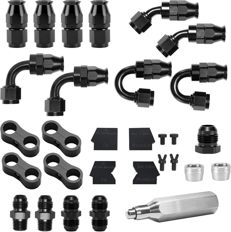 BRIFITOR 6AN PTFE Hose End Fittings Kit 0/45/90/180 Degree PTFE Fittings with Anti-Leak AN6 Male Adapter,AN Wrench Protectors & Hose Assembly Tool For E85 Fuel Line，Black - Image 1